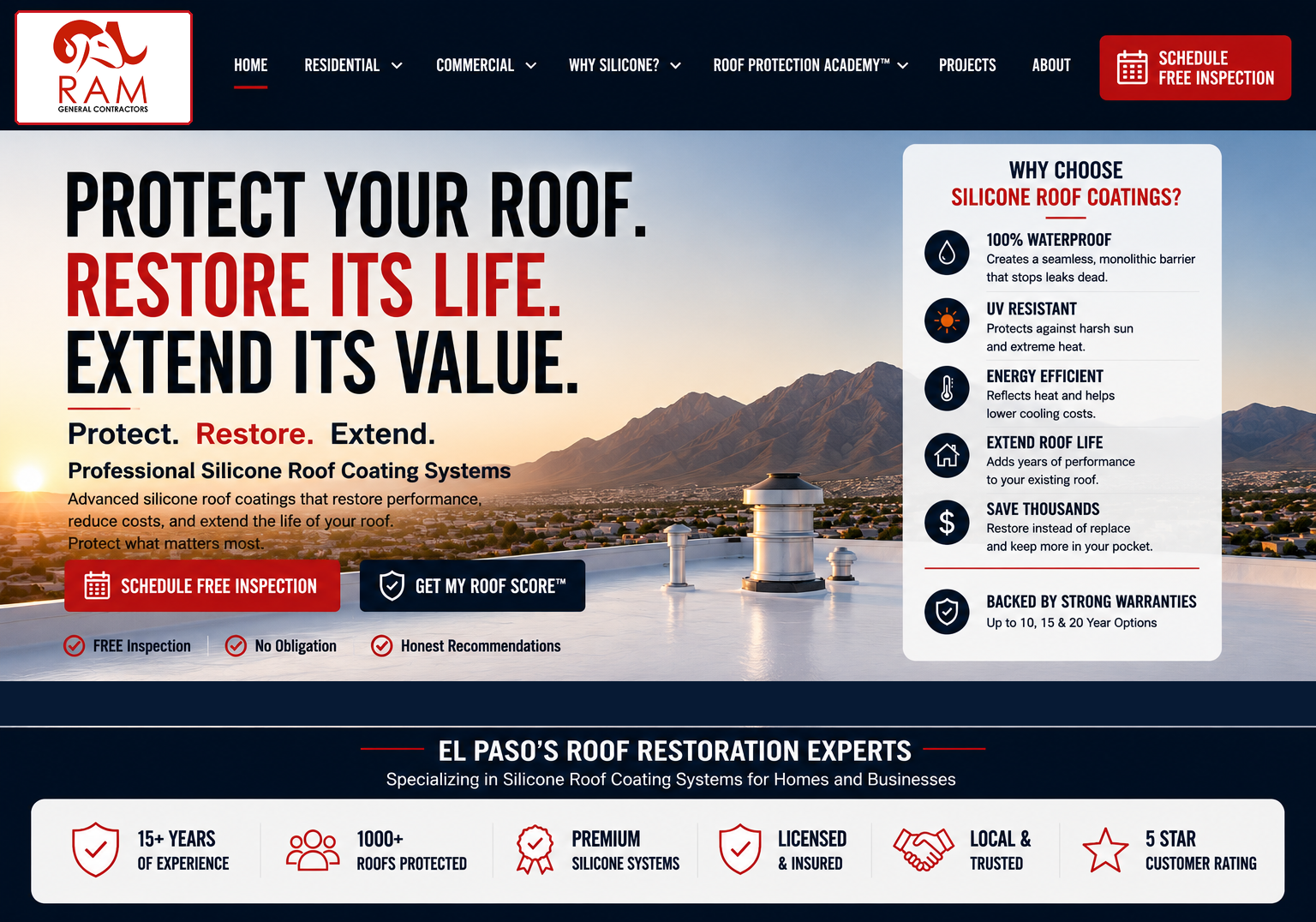 RAM Roof Coatings homepage with El Paso flat roof and silicone roof coating benefits